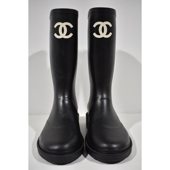Chanel REV Black White Caoutchouc CC Logo High Pull On Rubber Rain Boots 36 - Picture 5 of 12